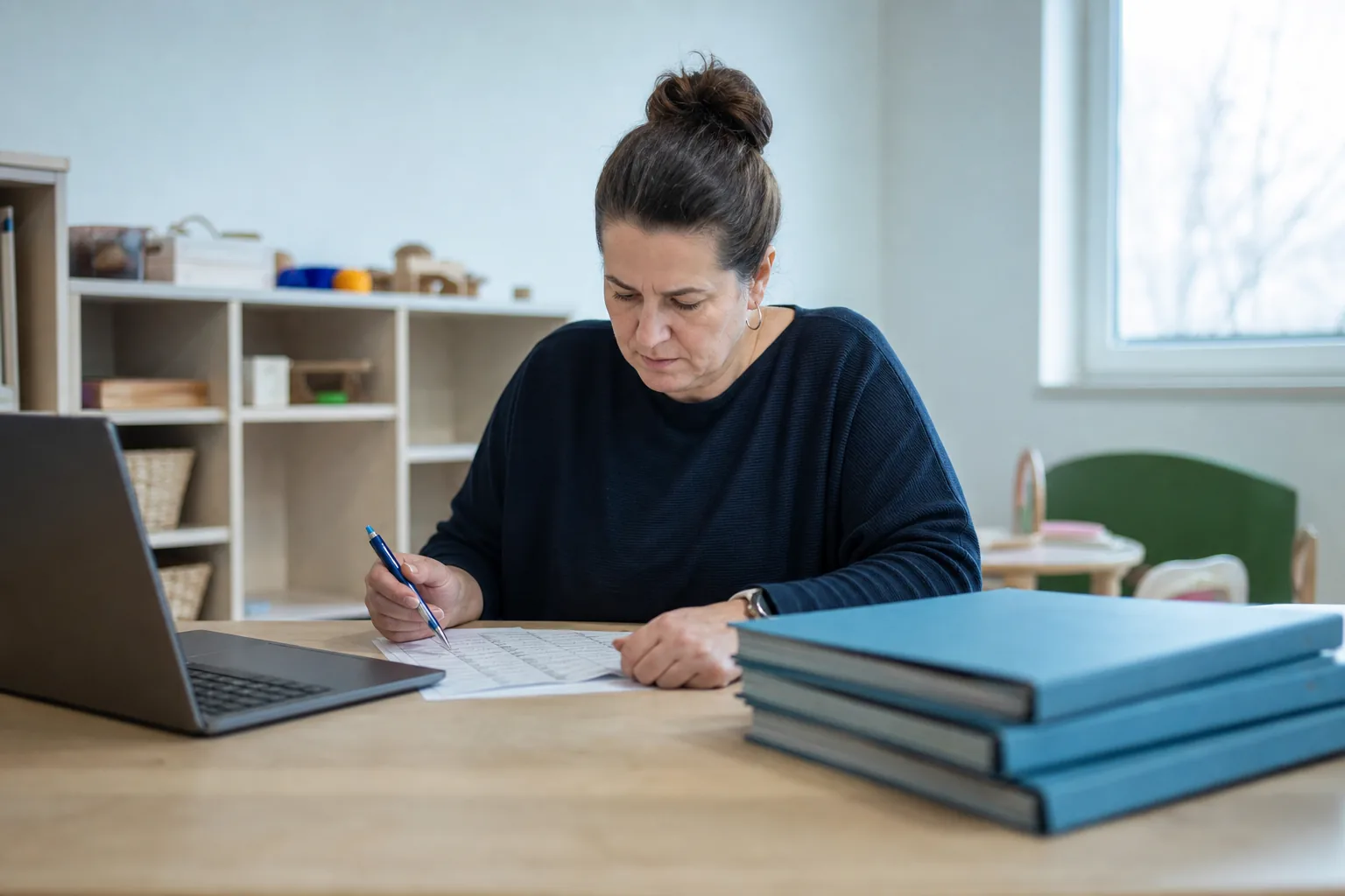 Eine Kita-Leitung prüft mit einer Checkliste Kinderakten und digitale Unterlagen.