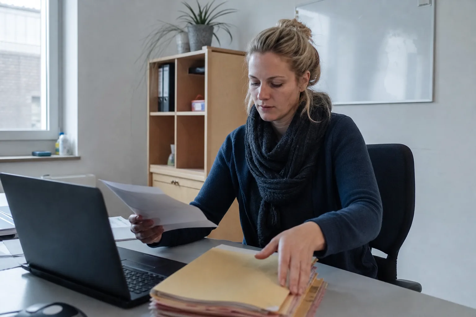 Pädagogische Fachkraft prüft eine Bescheinigung neben einer digitalen Kinderakte.